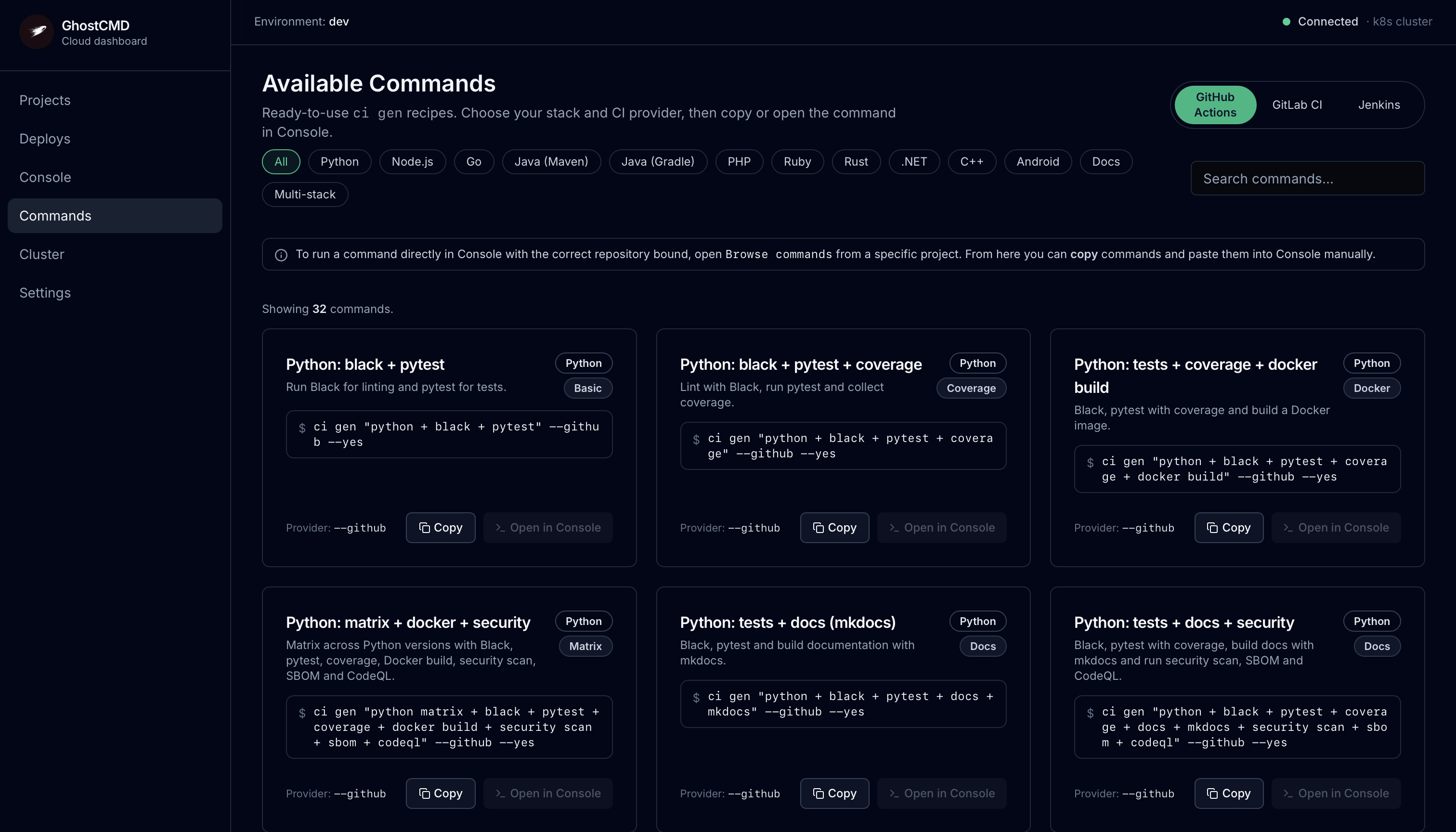 Available commands library